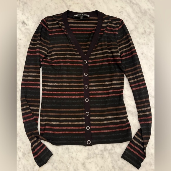 Veronica Beard Metallic Shimmer Striped V Neck Long Sleeve Top Size XS - Picture 1 of 7